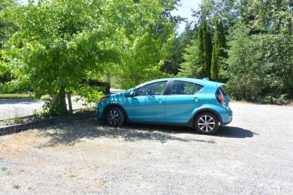 This picture shows a small blue car parked by a tree.